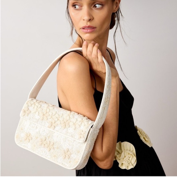 STAUD Tommy Beaded Bag, Garden Party white floral embroidered shoulder bag purse - Picture 3 of 15